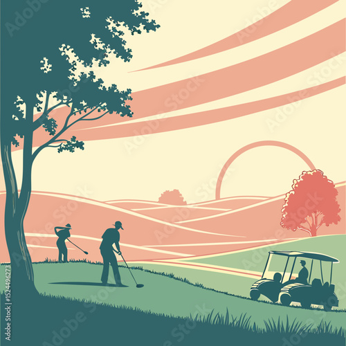 Golfers on a scenic course at sunset