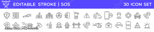 Emergency line icon set. Emergency and accident linear icons collection. Sos. Vector illustration