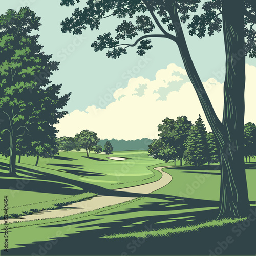 Serene golf course landscape, isolated trees, green fairway photo