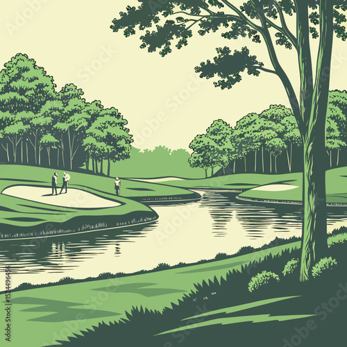 Serene golf course landscape with transparent background