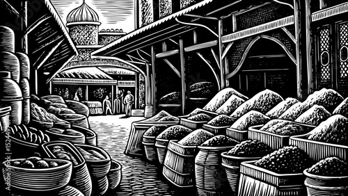 Black and white sketch vector of a vibrant Indian spice market street filled with fabrics and textures