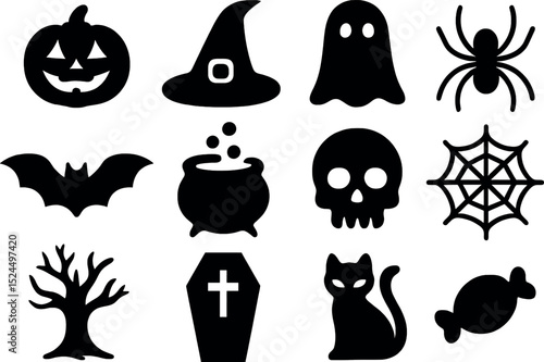 Spooky Halloween Icon Set: An array of classic Halloween icons is showcased, featuring a carved pumpkin, a witch's hat, and an eerie ghost to evoke the spirit of All Hallows' Eve.