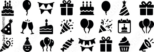 Birthday Celebration Icon Array: A collection of various black and white icons symbolizing a birthday celebration, evoking a sense of joy and anticipation.