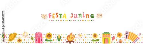 Festa Junina horizontal vector banner - Brazilian festival border, background with text and graphics - sunflower, straw hat, accordion, corn