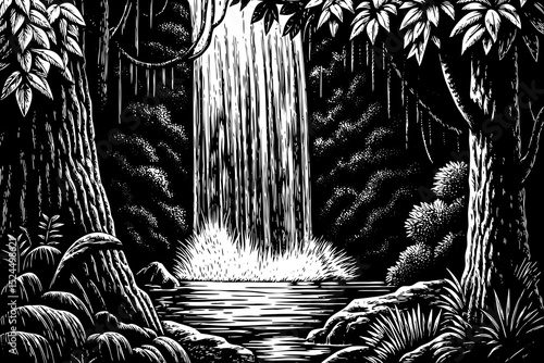 Black and white sketch vector of a misty rainforest waterfall deep in the Amazon jungle