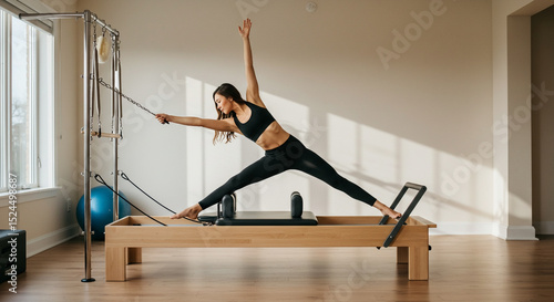 Woman Performing Pilates Reformer Exercise Strength Training Fitness Workout Studio Light
