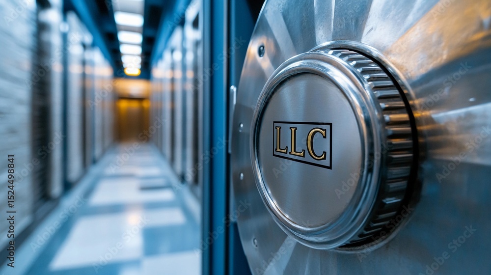 Obraz premium Vault icon featuring LLC at a modern security facility with metal details illuminating the corridor, limited liability corporation concept