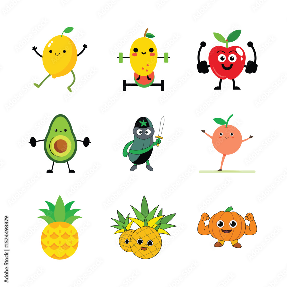 Obraz premium Adorable Fruit & Veggie Fitness Characters Illustrations of Healthy Eating Habits