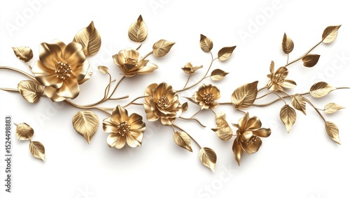 Gold flowers and leaves on white background