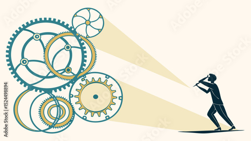 Silhouette of a Person Adjusting Gears with Light Beams