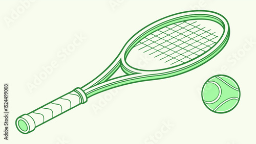 Green Line Art Tennis Racket and Ball Illustration