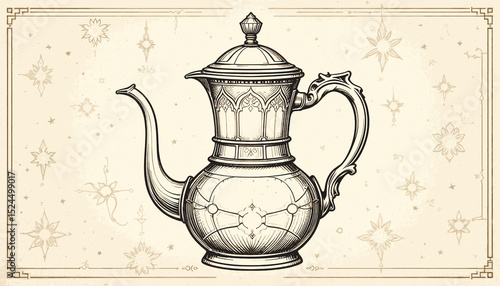 Antique copper jug with motifs in vintage style.