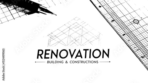 A minimalist logo design featuring a geometric house outline in bright orange, overlaid on a precise black grid. Below the house, the bold word "RENOVATION" is centered in a clean sans-serif font, wit