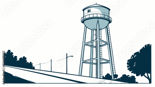 Water Tower Illustration with Road Trees and Power Lines
