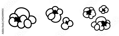 Popcorn kernels vector icon set. Individual pieces of popped corn with editable line weights. For movie night, cinema, concessions, snack packaging. Black and white minimalist outline style.