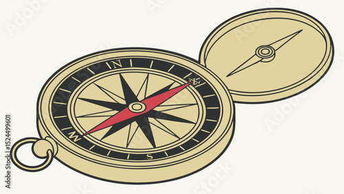 Detailed Illustration of a Classic Golden Compass with Lid Open