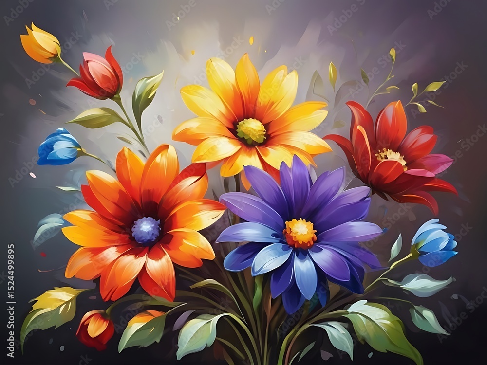 Fototapeta premium Vibrant Oil Painting of Colorful Flowers – Abstract Floral Art Background