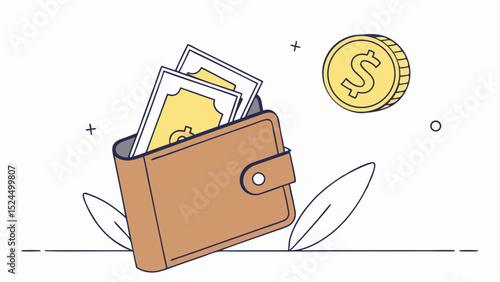 Cartoon Wallet with Money and Coin Illustration on Transparent Background