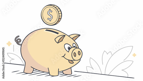 Cartoon Piggy Bank with Coin Depositing