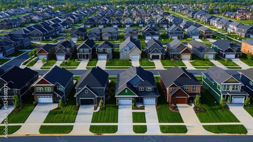 Aerial view of a suburban neighborhood with many identical homes.