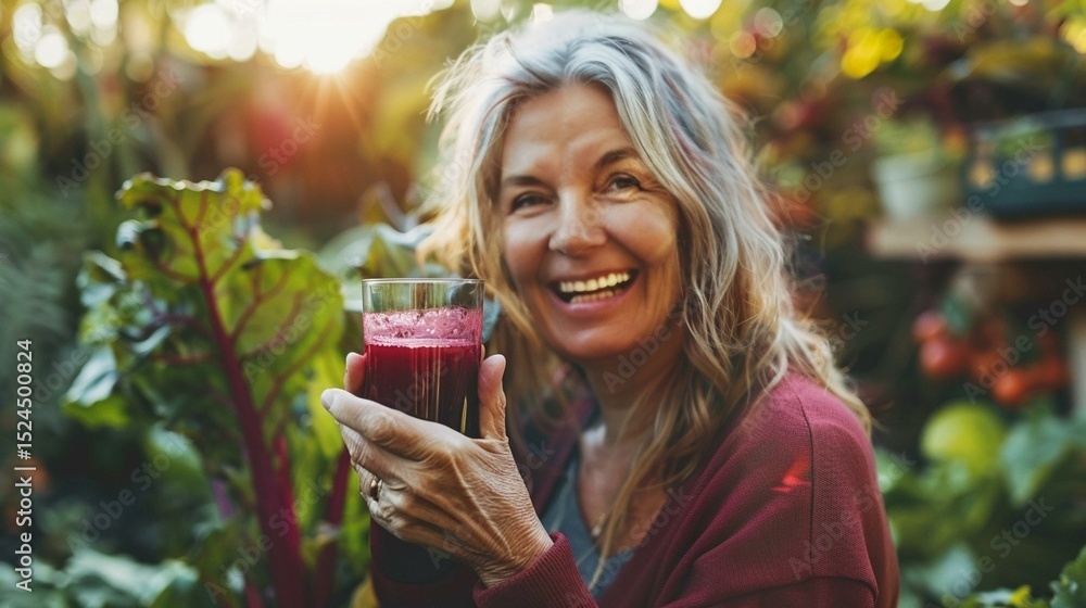 Fototapeta premium Middle-aged woman with beet and juice in garden
