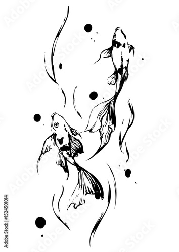 Two Goldfish Swimming in Waves – Japanese Sumi-e Art