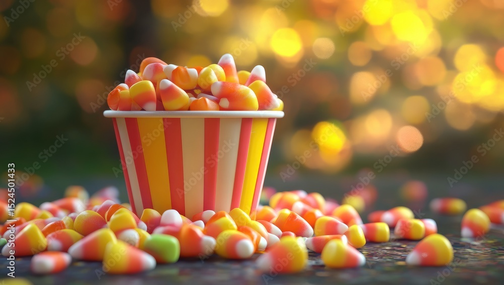 Naklejka premium Candy corn in striped paper cup