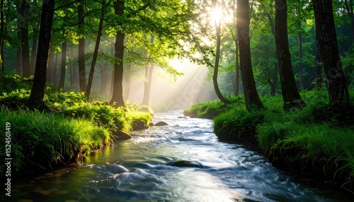 Sunlit Forest Stream: A Serene Morning in Nature