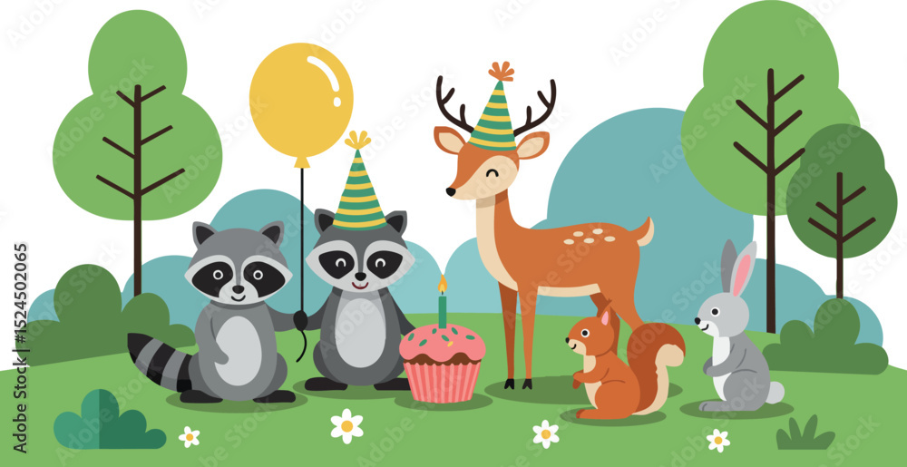Naklejka premium Cute forest animals birthday party with raccoons deer squirrel and rabbit in green park 
