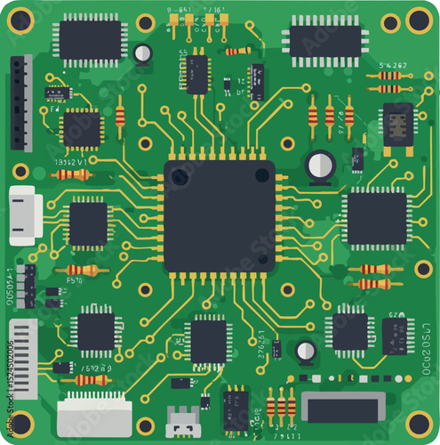 Printed circuit board with integrated circuits and electronic components vector illustration 