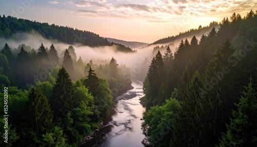 Misty Sunrise River Valley