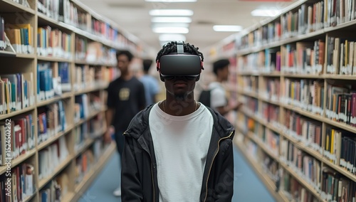 Wallpaper Mural Black Male Student Using VR Glasses in University Library – Immersive Learning in Academic Setting Torontodigital.ca
