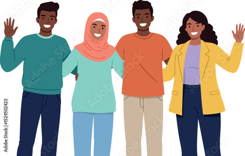 Diverse People Group Waving Hands Friendly Multicultural Community Vector Illustration 