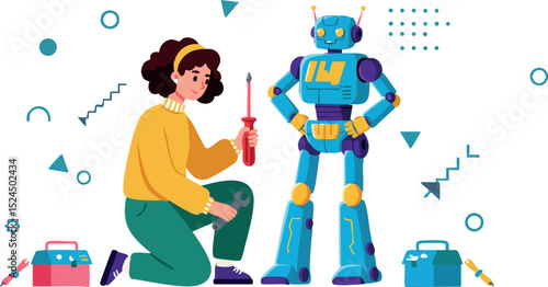 Child assembling colorful robot toy with tools educational technology playtime scene 