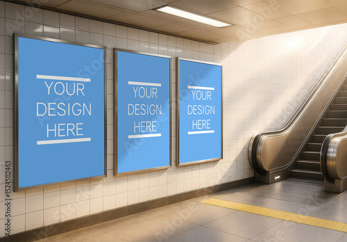Subway Poster Mockup With Three Vertical Frames Near Escalator