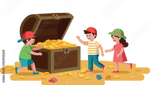 Children Discovering Treasure Chest Full of Gold Coins and Jewels Vector Illustration 