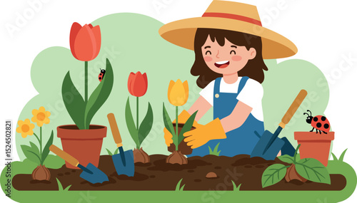 Girl planting tulips and daffodils in garden with gardening tools vector illustration 