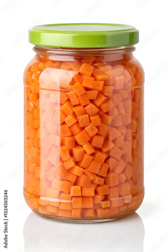 Fresh Diced Orange Carrots in Glass Jar with Green Lid, 8K Fresh Diced Orange Carrots in Glass Jar with Green Lid, 8K