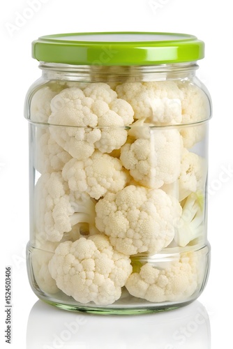 Fresh White Cauliflower Florets in Glass Jar with Green Lid, 8K