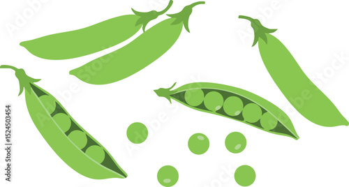 Green Pea Pods with Fresh Peas Vector Illustration in Simple Style 