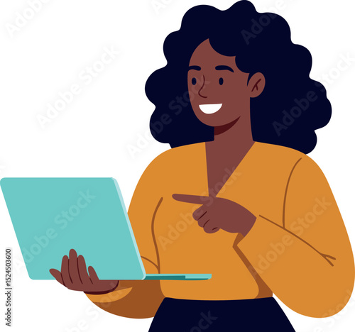 Woman Using Laptop Smiling and Pointing at Screen Vector Illustration 