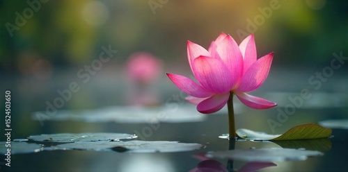 A pristine pink lotus blossom emerging from calm, serene water, petals unfurling in the soft morning light Perfect for themes of purity, peace, and spiritual awakening , blossom, close-up