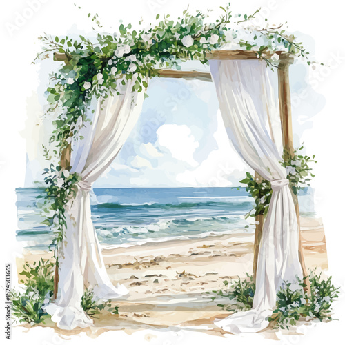 Summer Wedding Arch Beach, watercolor vector, high quality, isolated on a white background.