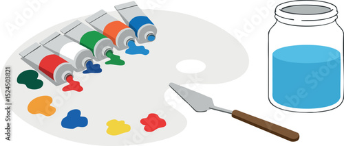 Artist paint palette with colorful acrylic paint tubes and blue jar vector illustration 
