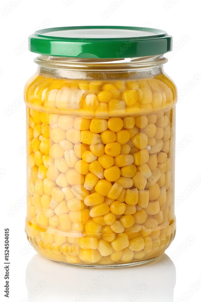 Plump Corn Kernels in Glass Jar with Green Lid on White Background, 8K Plump Corn Kernels in Glass Jar with Green Lid on White Background, 8K
