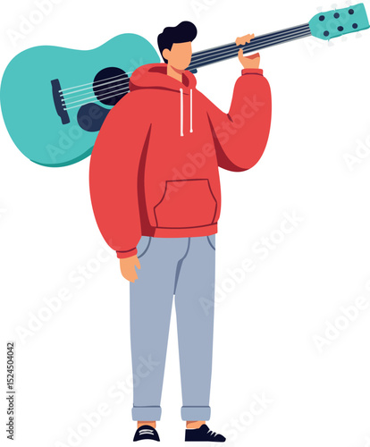 Young man carrying blue guitar on shoulder wearing red hoodie casual style vector illustration 