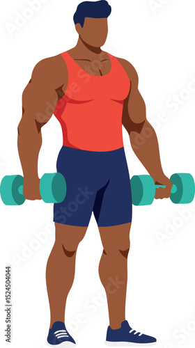 Muscular man lifting dumbbells wearing red tank top and blue shorts fitness illustration 