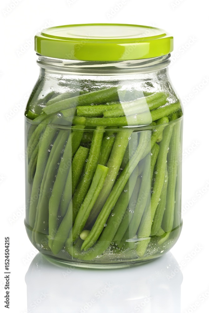 Puffed Haricot Vert in Glass Jar with Green Lid on White Background, 8K Puffed Haricot Vert in Glass Jar with Green Lid on White Background, 8K