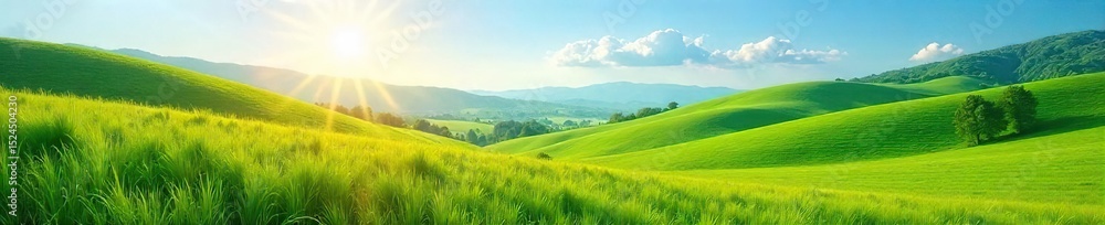 Fototapeta premium Serene landscape featuring a lush green meadow bathed in soft sunlight, with rolling hills and a clear blue sky in the distance Perfect for nature, travel, and environmental themes , habitat, flora