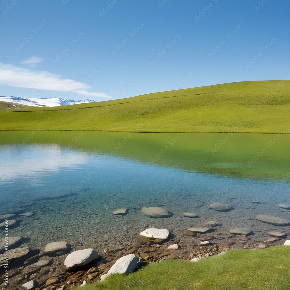 Fototapeta premium Clear Alpine Lake with Green Hills and Snowy Mountains